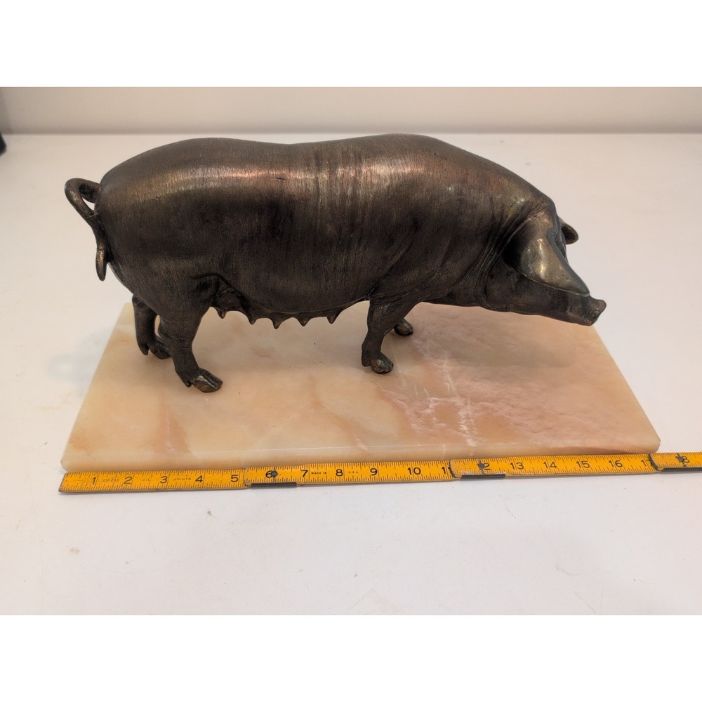 Rare Vtg 15" Bronze Pig On 17" Marble Slab Hecho En Mexico Statue Sculpture